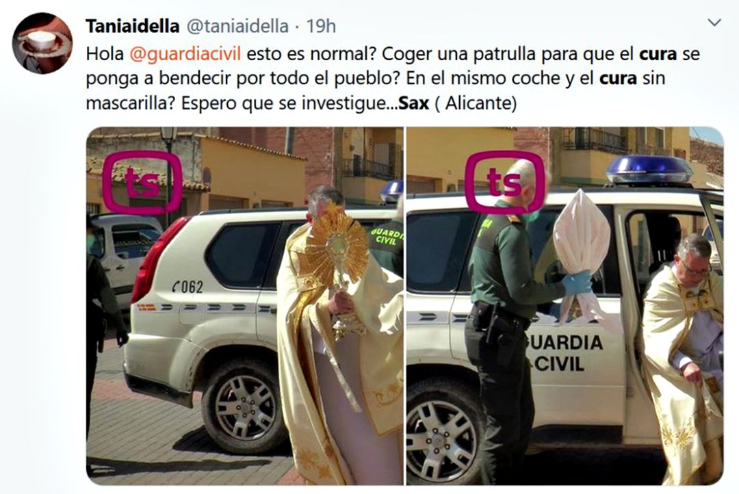 El párroco de Sax recorre las calles del pueblo para ahuyentar el coronavirus escoltado por la Guardia Civil El párroco de Sax recorre las calles del pueblo para ahuyentar el coronavirus escoltado por la Guardia Civil