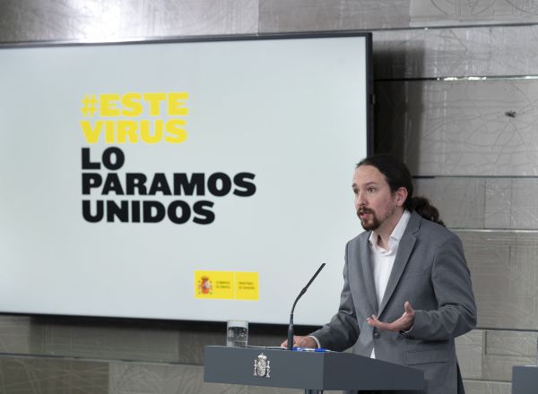 El vicepresident segon, Pablo Iglesias, durant la roda de premsa posterior al Consell de Ministres d'aquest 31 de març del 2020. (Horitzontal)