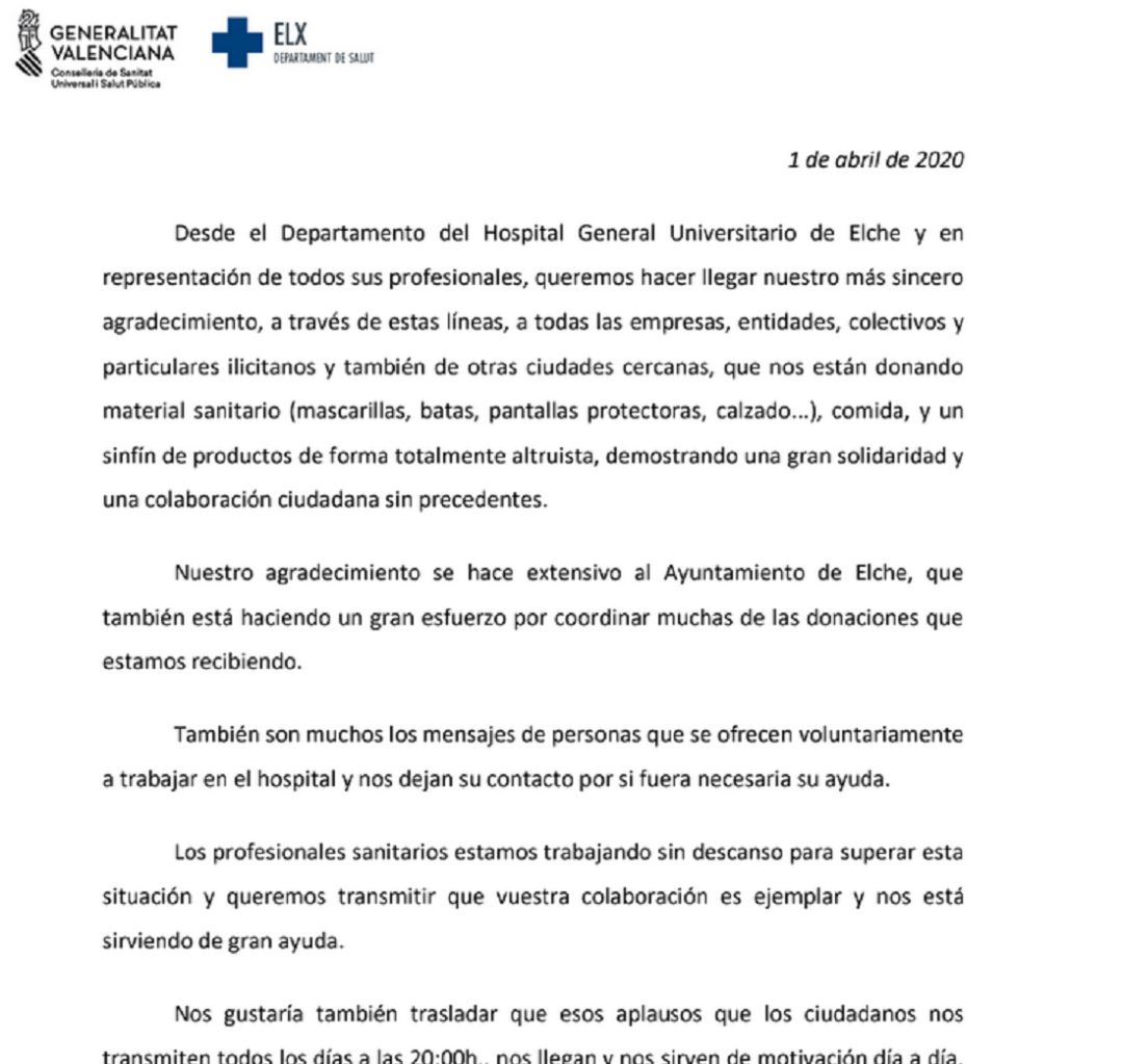 Carta del director del Hospital de Elche Carta del director del Hospital de Elche