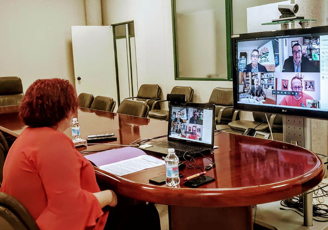 Momento de la videoconferencia entre las organizaciones agrarias extremeñas y la consejería con SM. El Rey Momento de la videoconferencia entre las organizaciones agrarias extremeñas y la consejería con SM. El Rey