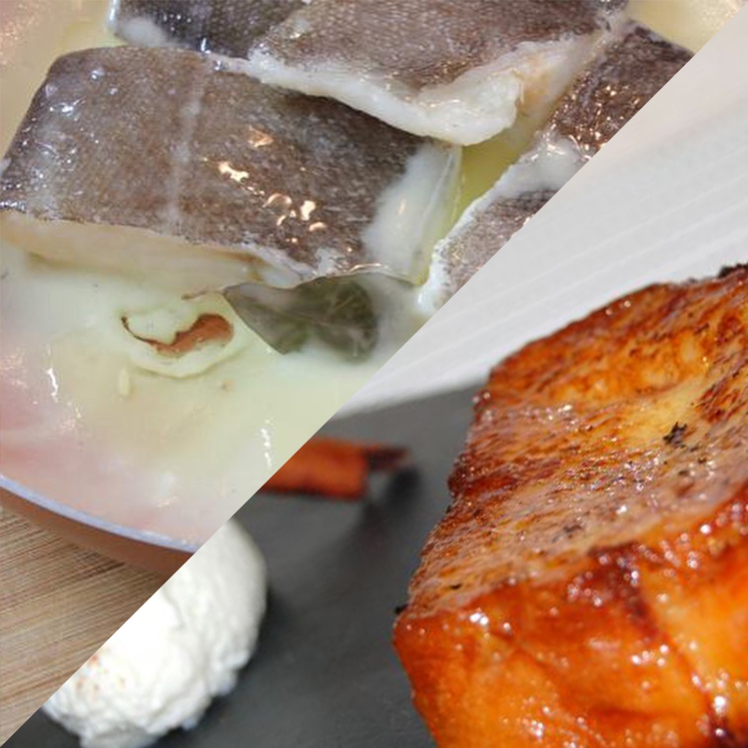 Bacalao al pil pil y Torrija caramelizada con helado de vainilla Bacalao al pil pil y Torrija caramelizada con helado de vainilla
