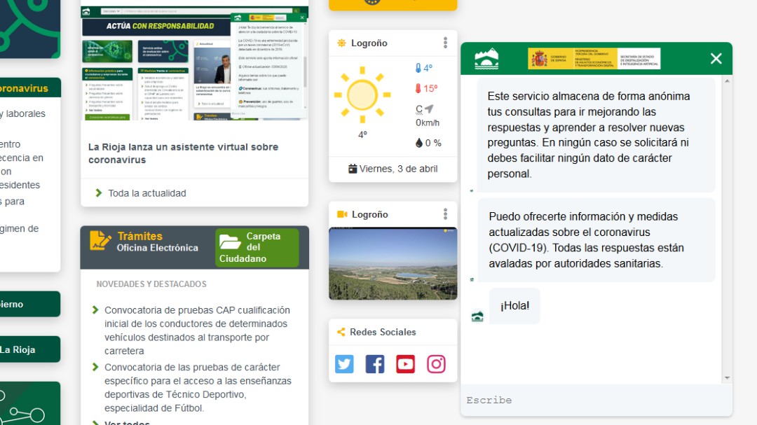 La Rioja lanza un asistente virtual sobre coronavirus