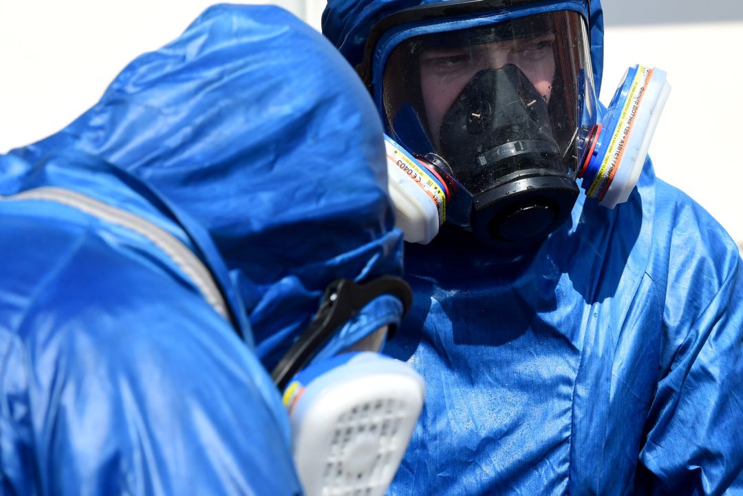 Two Russian soldiers prepare to sanitize the exterior of the Carlo Giovanni Rota retirement home for the elderly in Almenno San Salvatore on April 2, 2020 in Bergamo, Italy. The government of the Russian Federation has sent medical equipment, mobile laboratories and disinfection units, doctors and even military experts in a bacteriological warfare to help the Italian military in the areas most affected by the coronavirus outbreak. The Italian government continues to enforce the nationwide lockdown measures to control the spread of COVID-19. Two Russian soldiers prepare to sanitize the exterior of the Carlo Giovanni Rota retirement home for the elderly in Almenno San Salvatore on April 2, 2020 in Bergamo, Italy. The government of the Russian Federation has sent medical equipment, mobile laboratories and disinfection units, doctors and even military experts in a bacteriological warfare to help the Italian military in the areas most affected by the coronavirus outbreak. The Italian government continues to enforce the nationwide lockdown measures to control the spread of COVID-19.