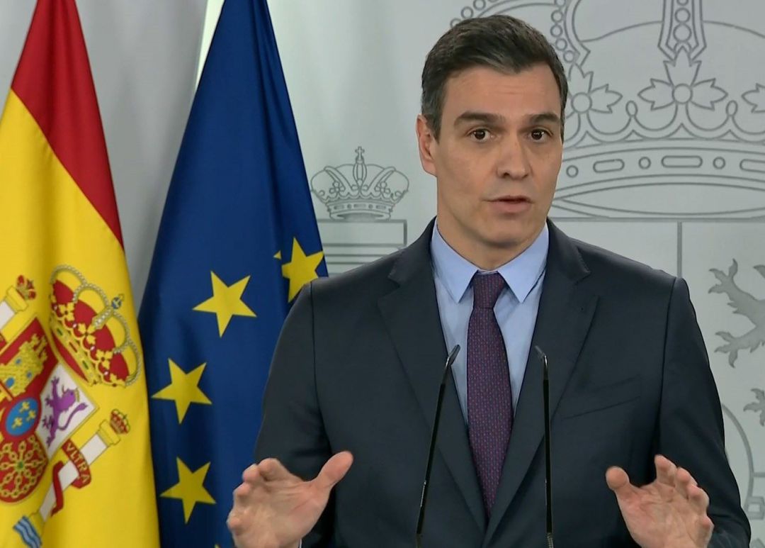Pedro Sánchez durante su comparecencia ante la prensa hoy sábado en Moncloa, en Madrid Pedro Sánchez durante su comparecencia ante la prensa hoy sábado en Moncloa, en Madrid