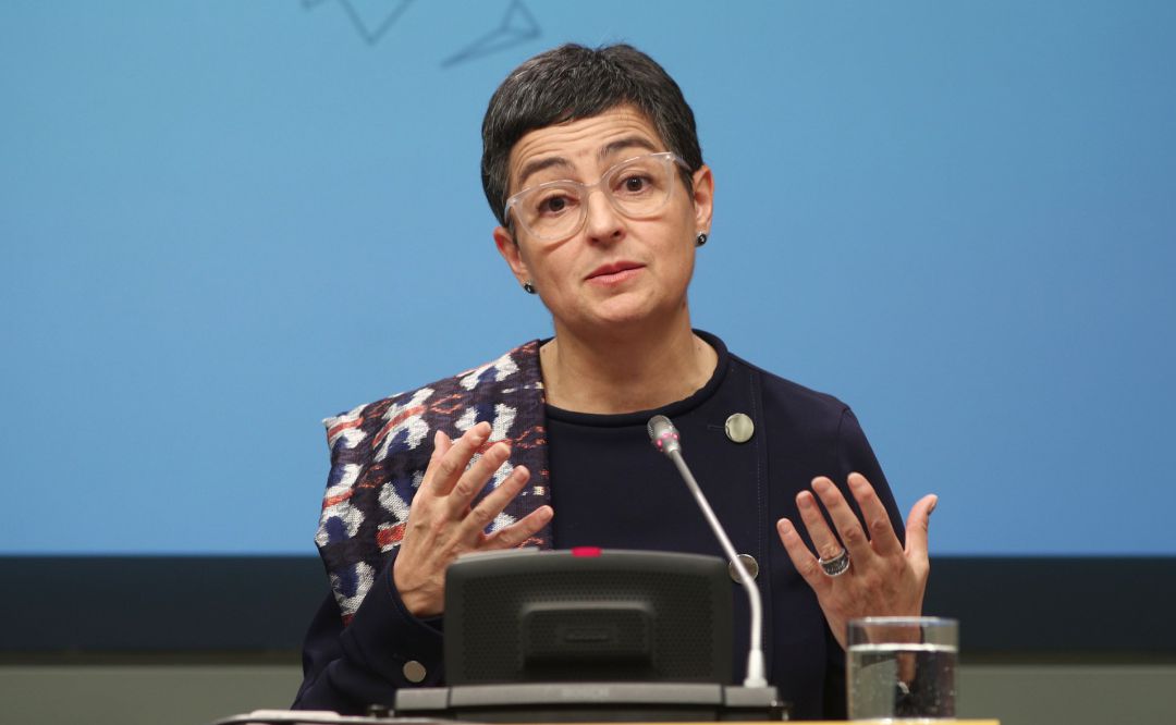 La ministra de Asuntos Exteriores, Unión Europea y Cooperación, Arancha González Laya en rueda de prensa en el Palacio de Viana. La ministra de Asuntos Exteriores, Unión Europea y Cooperación, Arancha González Laya en rueda de prensa en el Palacio de Viana.