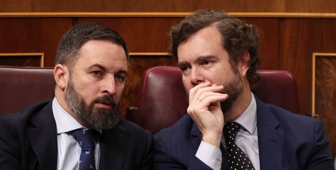 El presidente de Vox, Santiago Abascal, y el portavoz en el Congreso, Iván Espinosa de los Monteros, hablando en el hemiciclo en una imagen de archivo. El presidente de Vox, Santiago Abascal, y el portavoz en el Congreso, Iván Espinosa de los Monteros, hablando en el hemiciclo en una imagen de archivo.
