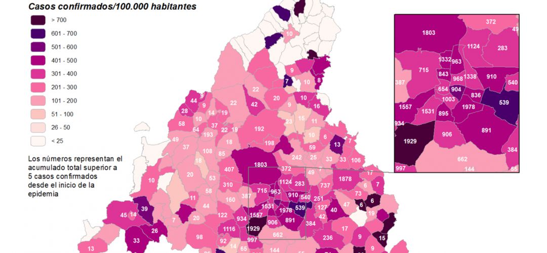 Mapa que muestra la incidencia del coronavirus en la Comunidad de Madrid Mapa que muestra la incidencia del coronavirus en la Comunidad de Madrid