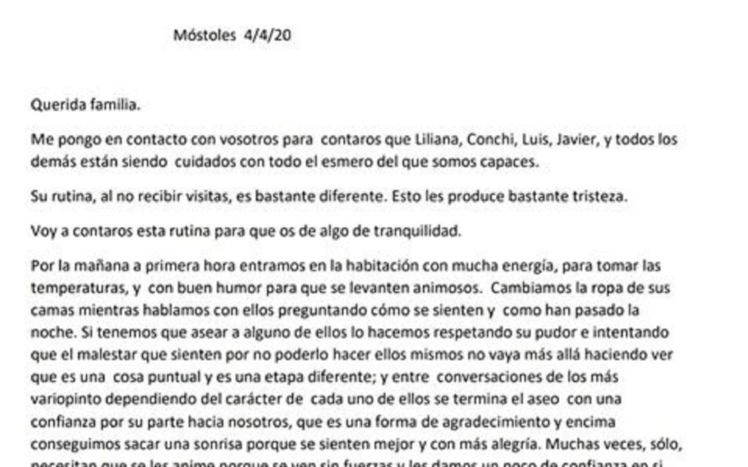 Carta de una auxiliar de enfermería en la que relata el día a día de las personas ingresadas en el Hospital Universitario de Móstoles Carta de una auxiliar de enfermería en la que relata el día a día de las personas ingresadas en el Hospital Universitario de Móstoles