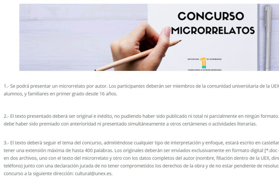 Portal de acceso al concurso de microrrelatos de la Universidad de Extremadura Portal de acceso al concurso de microrrelatos de la Universidad de Extremadura