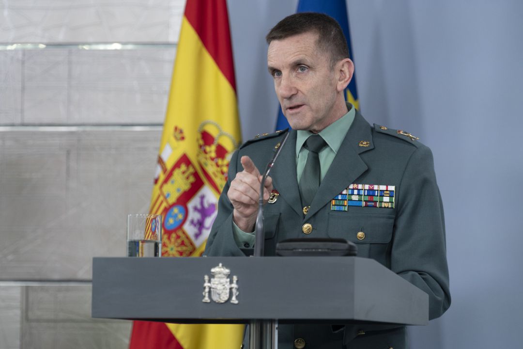 El jefe del Estado Mayor de la Guardia Civil, el general José Manuel Santiago, durante la rueda de prensa del Comité Técnico de Gestión del Covid-19, el pasado 5 de abril. El jefe del Estado Mayor de la Guardia Civil, el general José Manuel Santiago, durante la rueda de prensa del Comité Técnico de Gestión del Covid-19, el pasado 5 de abril.