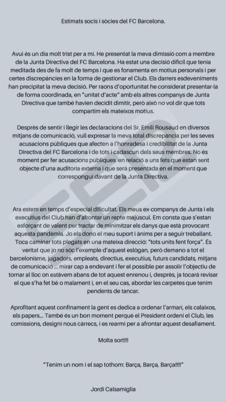Documento en el que Casalmiglia argumenta su dimisión Documento en el que Casalmiglia argumenta su dimisión