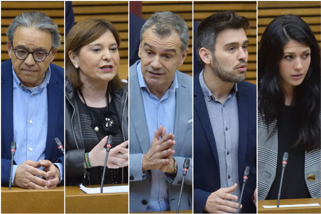 Manolo Mata (PSPV-PSOE), Isabel Bonig (PPCV), Toni Cantó (Ciudadanos), Fran Ferri (Compromís) y Naiara Davó (Unides Podem) Manolo Mata (PSPV-PSOE), Isabel Bonig (PPCV), Toni Cantó (Ciudadanos), Fran Ferri (Compromís) y Naiara Davó (Unides Podem)