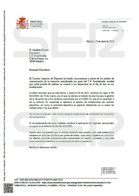 La carta del CSD al Fuenlabrada La carta del CSD al Fuenlabrada