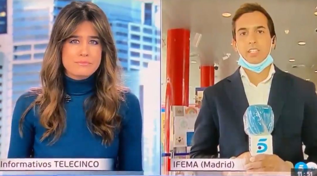 Imagen de la cobertura en directo del reportero de Informativos Telecinco que ha presentado fiebre mientras informaba desde Ifema. Imagen de la cobertura en directo del reportero de Informativos Telecinco que ha presentado fiebre mientras informaba desde Ifema.