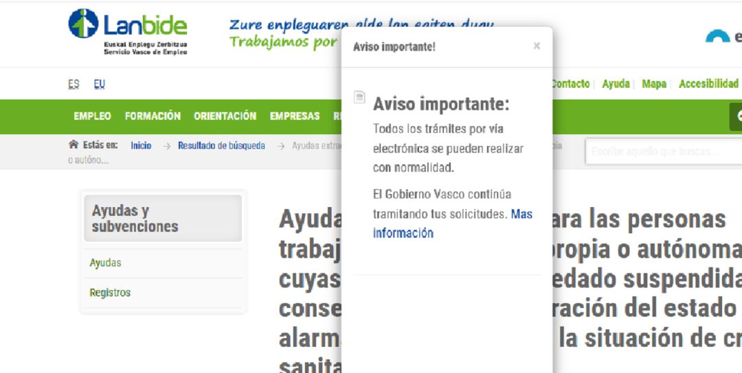 Aviso en la web de Lanbide al acceder a la página de las ayadas Aviso en la web de Lanbide al acceder a la página de las ayadas