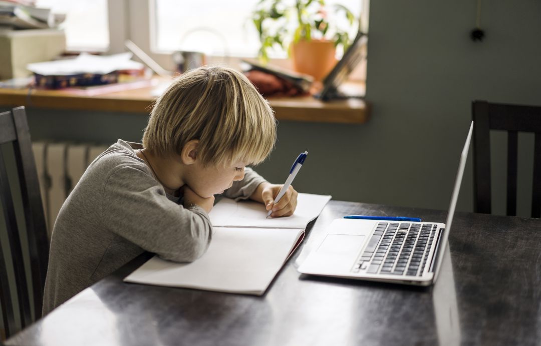 Un niño estudia en su casa con el ordenador. Un niño estudia en su casa con el ordenador.