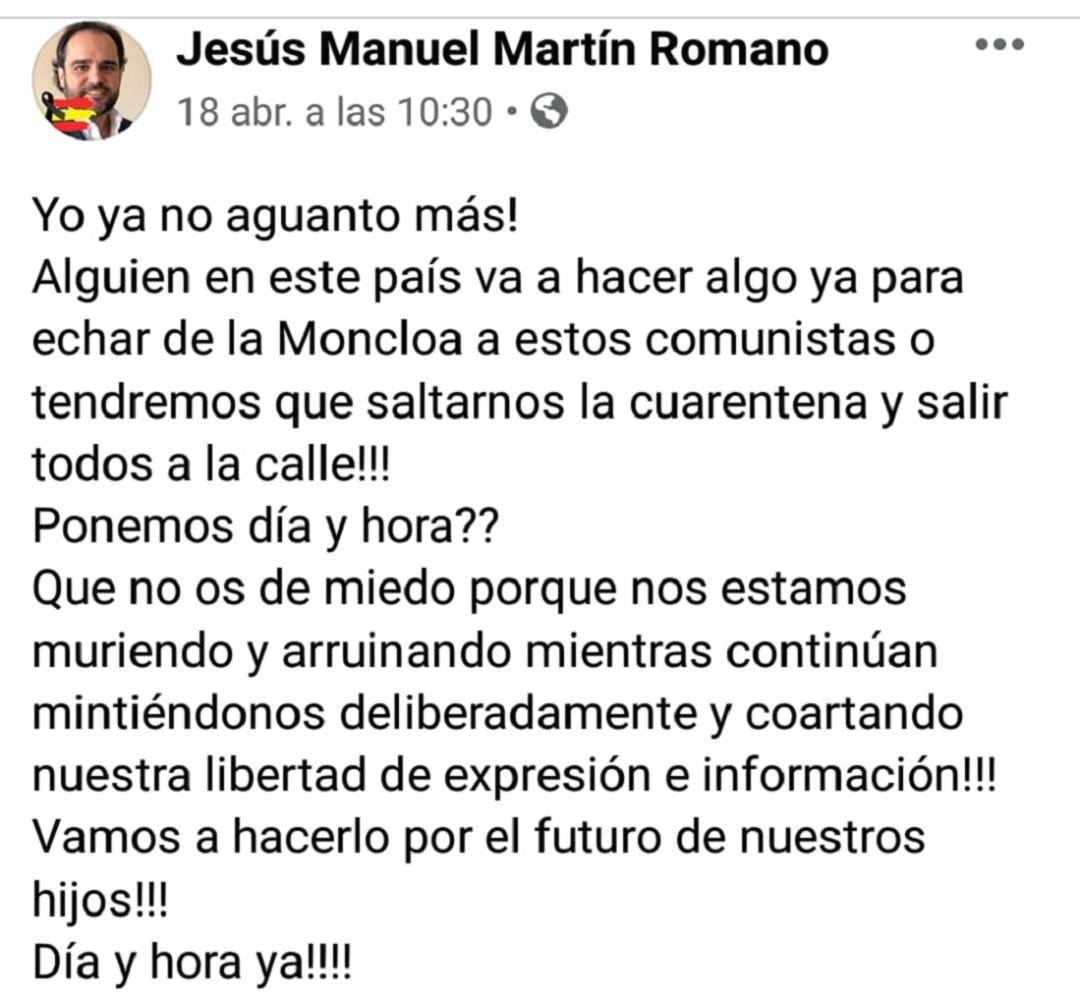Pantallazo del mensaje compartido por el alcalde del Espinar Pantallazo del mensaje compartido por el alcalde del Espinar