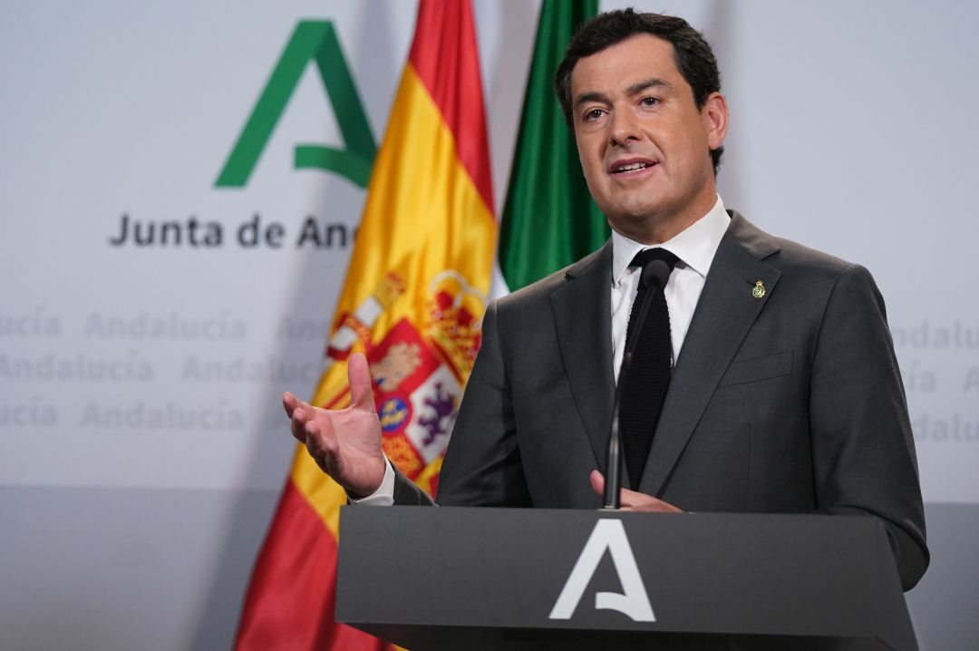 El presidente de la Junta, Juan Manuel Moreno, durante su comparecencia El presidente de la Junta, Juan Manuel Moreno, durante su comparecencia