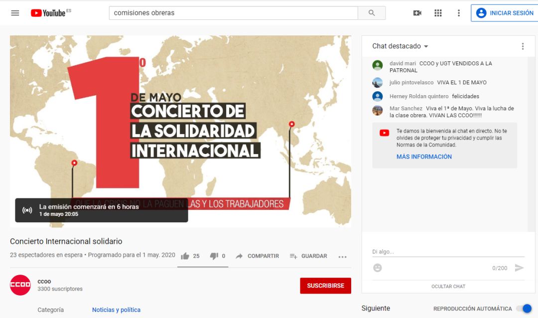 Canal oficial de CCOO en youtube desde el que se podrán ver los conciertos de hoy Canal oficial de CCOO en youtube desde el que se podrán ver los conciertos de hoy