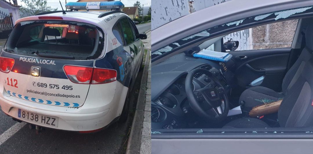 Así quedó el vehículo de la Policía Local de Poio al ser golpeado Así quedó el vehículo de la Policía Local de Poio al ser golpeado