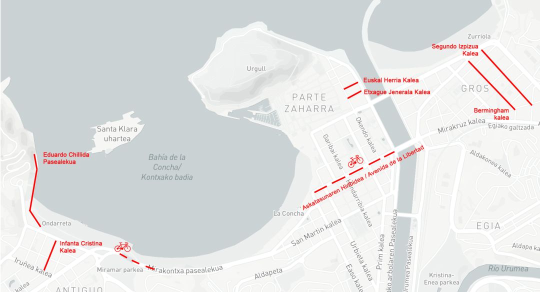 Mapa de San Sebastián con los nuevos cambios para ganar espacio para peatones y ciclistas Mapa de San Sebastián con los nuevos cambios para ganar espacio para peatones y ciclistas