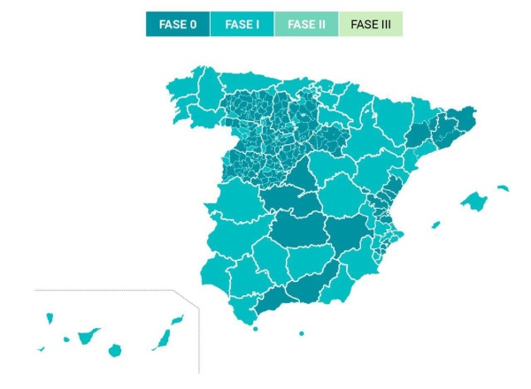 Mapa de los territorios que pasarán a Fase 1 el próximo lunes.
