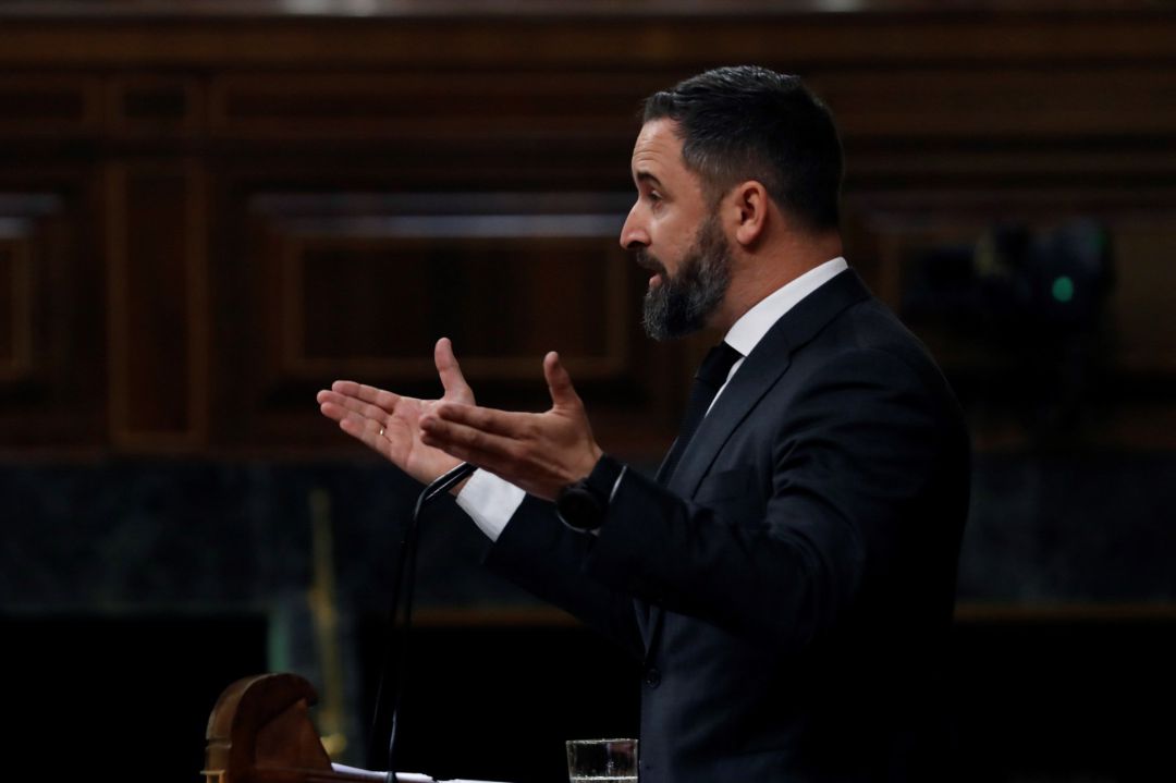 El líder de Vox, Santiago Abascal, durante su intervención en el pleno del Congreso este miércoles donde se autorizará otra prórroga del estado de alarma solicitada por el Gobierno. El líder de Vox, Santiago Abascal, durante su intervención en el pleno del Congreso este miércoles donde se autorizará otra prórroga del estado de alarma solicitada por el Gobierno.