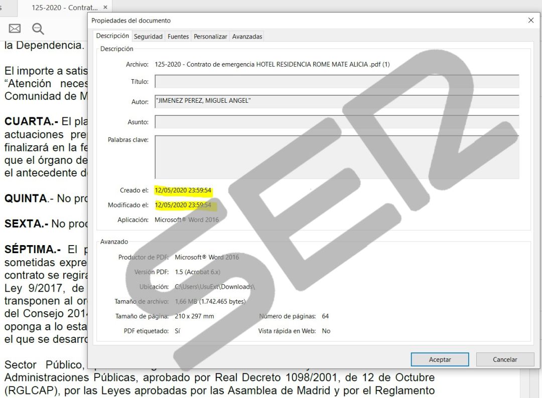 El documento, con la fecha de creación en la medianoche del 12 de mayo. El documento, con la fecha de creación en la medianoche del 12 de mayo.