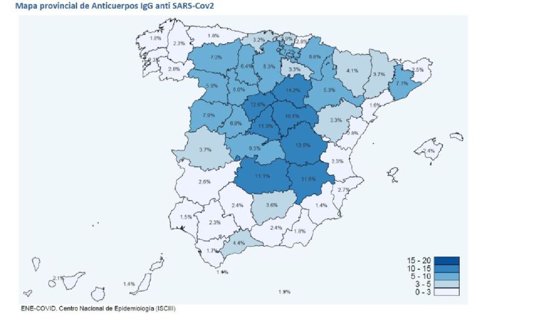Mapa con el porcentaje de población que tiene anticuerpos frente al coronavirus Mapa con el porcentaje de población que tiene anticuerpos frente al coronavirus