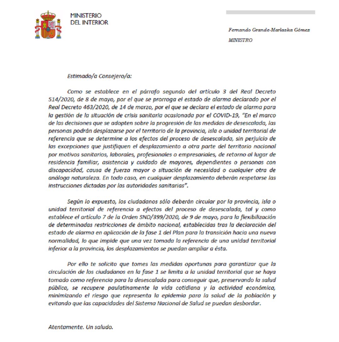 Marlaska envió una carta a la Región para "que tome medidas para garantizar la circulación" en la desescalada Marlaska envió una carta a la Región para "que tome medidas para garantizar la circulación" en la desescalada