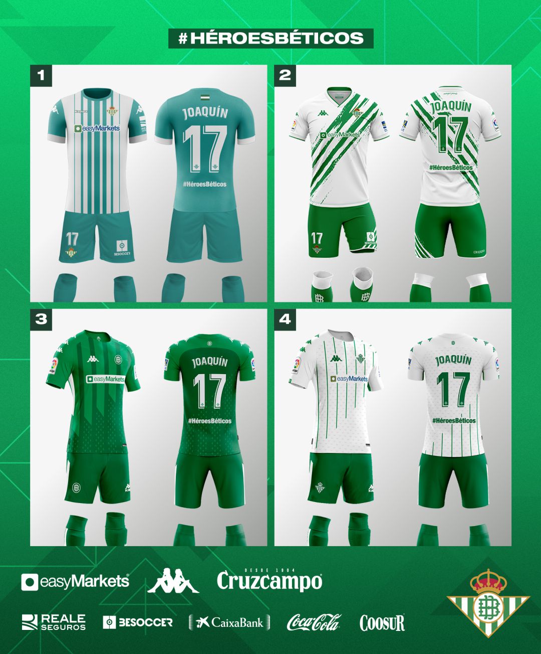 Modelos de Camisetas que utilizará el Real Betis en un partido cuando vuelva la competicióm Modelos de Camisetas que utilizará el Real Betis en un partido cuando vuelva la competicióm