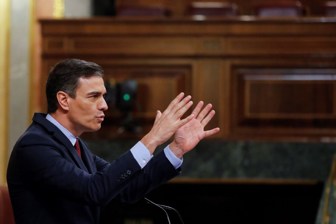 El presidente del Gobierno, Pedro Sánchez, durante su intervención en el pleno del Congreso que debate y vota este miércoles la quinta prórroga del estado de alarma. El presidente del Gobierno, Pedro Sánchez, durante su intervención en el pleno del Congreso que debate y vota este miércoles la quinta prórroga del estado de alarma.