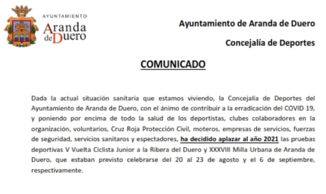Este es el comunicado realizado por la Concejalía de Depotes sobre las próximas ediciones de Vuelta a Ribera y Milla Urbana. Este es el comunicado realizado por la Concejalía de Depotes sobre las próximas ediciones de Vuelta a Ribera y Milla Urbana.