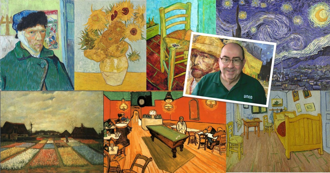 El profesor Guardia entre cuadros de Van Gogh. Pintor con una obra impresionante. El profesor Guardia entre cuadros de Van Gogh. Pintor con una obra impresionante.
