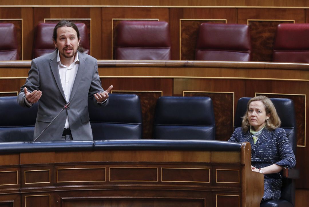 El vicepresidente segundo del Gobierno, Pablo Iglesias, durante su intervención en la sesión de Control al Ejecutivo que se celebra en el Congreso. El vicepresidente segundo del Gobierno, Pablo Iglesias, durante su intervención en la sesión de Control al Ejecutivo que se celebra en el Congreso.