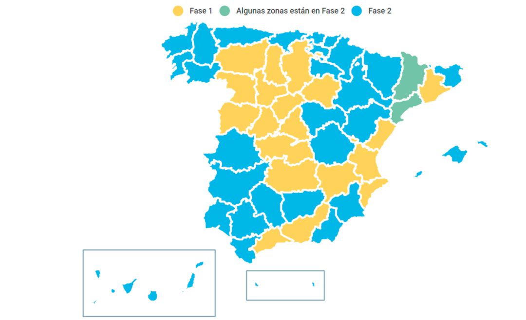 Mapa de las provincias y su fase en la desescalada Mapa de las provincias y su fase en la desescalada