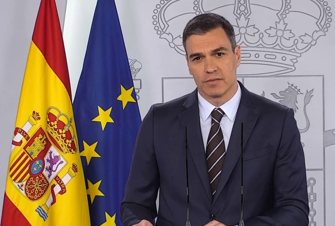 Pedro Sánchez, durante la rueda de prensa que ha ofrecido este sábado desde el Palacio de la Moncloa Pedro Sánchez, durante la rueda de prensa que ha ofrecido este sábado desde el Palacio de la Moncloa