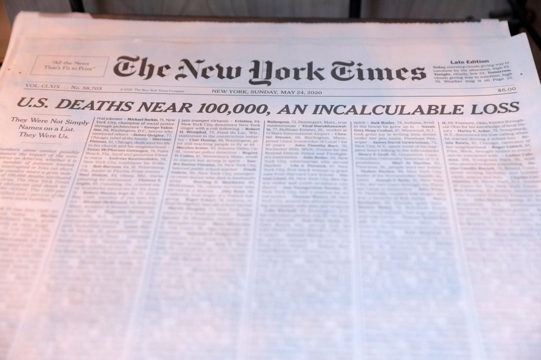 Portada de 'The New York Times' con el homenaje a mil víctimas del COVID-19. Portada de 'The New York Times' con el homenaje a mil víctimas del COVID-19.