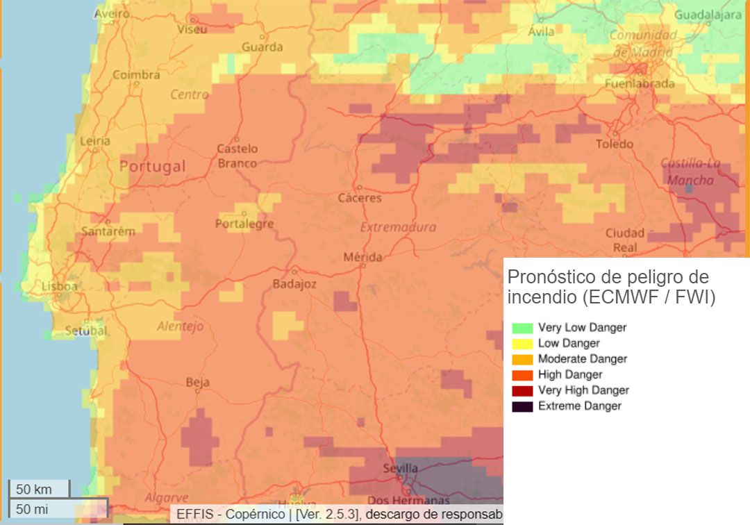 Previsión del peligro de incendio forestal para la parte oeste de la península ibérica del 27 de mayo de 2020 Previsión del peligro de incendio forestal para la parte oeste de la península ibérica del 27 de mayo de 2020