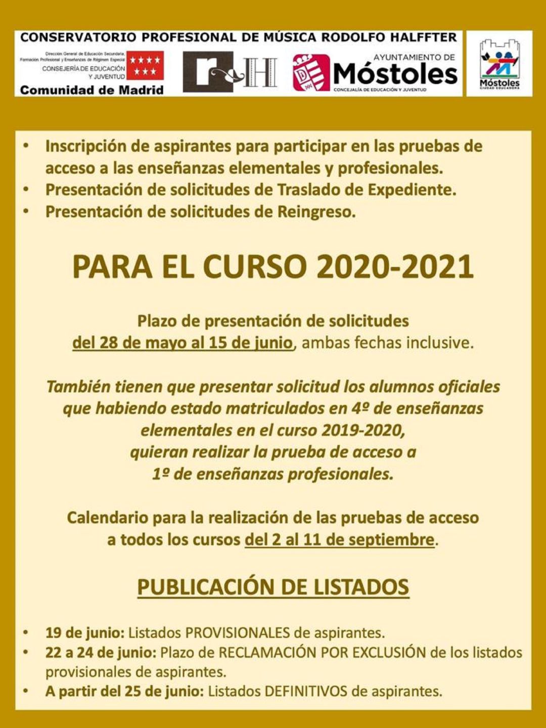 Cartel del periodo de inscripción al conservatorio de Móstoles Cartel del periodo de inscripción al conservatorio de Móstoles
