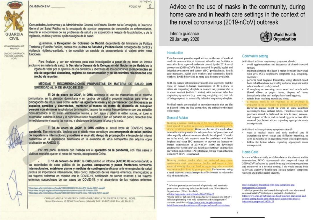 Informe de la Guardia Civil, a la izquierda y el documento de la OMS, a la derecha. Informe de la Guardia Civil, a la izquierda y el documento de la OMS, a la derecha.