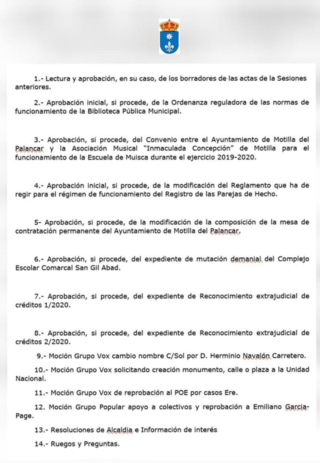 Orden del día del pleno de 28 de mayo de 2020 Orden del día del pleno de 28 de mayo de 2020