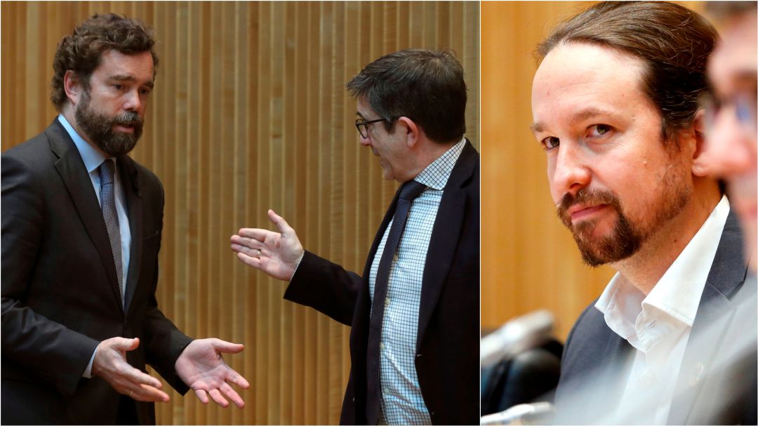 El portavoz parlamentario de Vox, Iván Espinosa de los Monteros (izda), conversa con el diputado socialista Patxi López. Al otro lado, Pablo Iglesias, vicepresidente segundo del Gobierno El portavoz parlamentario de Vox, Iván Espinosa de los Monteros (izda), conversa con el diputado socialista Patxi López. Al otro lado, Pablo Iglesias, vicepresidente segundo del Gobierno
