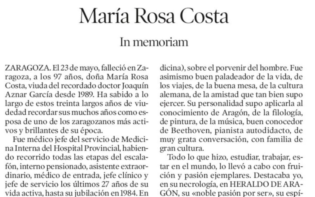 Inicio de la necrológica en memoria de María Rosa Costa, en la que su autor olvida hablar sobre la propia protagonista fallecida. Inicio de la necrológica en memoria de María Rosa Costa, en la que su autor olvida hablar sobre la propia protagonista fallecida.