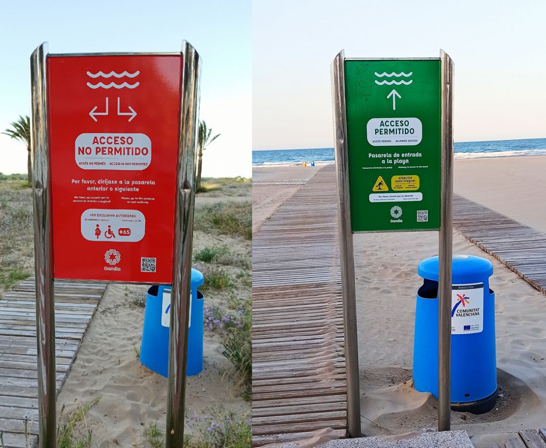 Carteles en la pasarelas de la playa para entrar y salir Carteles en la pasarelas de la playa para entrar y salir