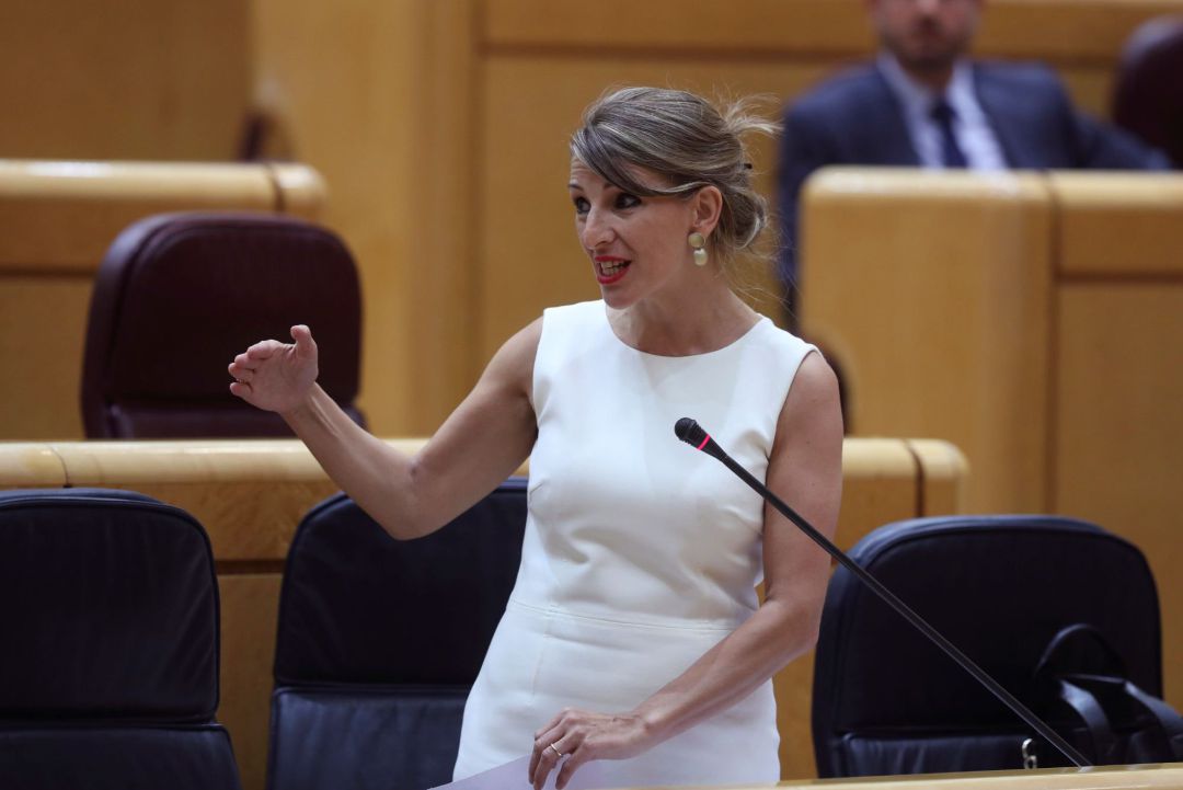 La ministra de Trabajo, Yolanda Díaz, durante la sesión del control al Gobierno celebrada este martes en el Senado. La ministra de Trabajo, Yolanda Díaz, durante la sesión del control al Gobierno celebrada este martes en el Senado.