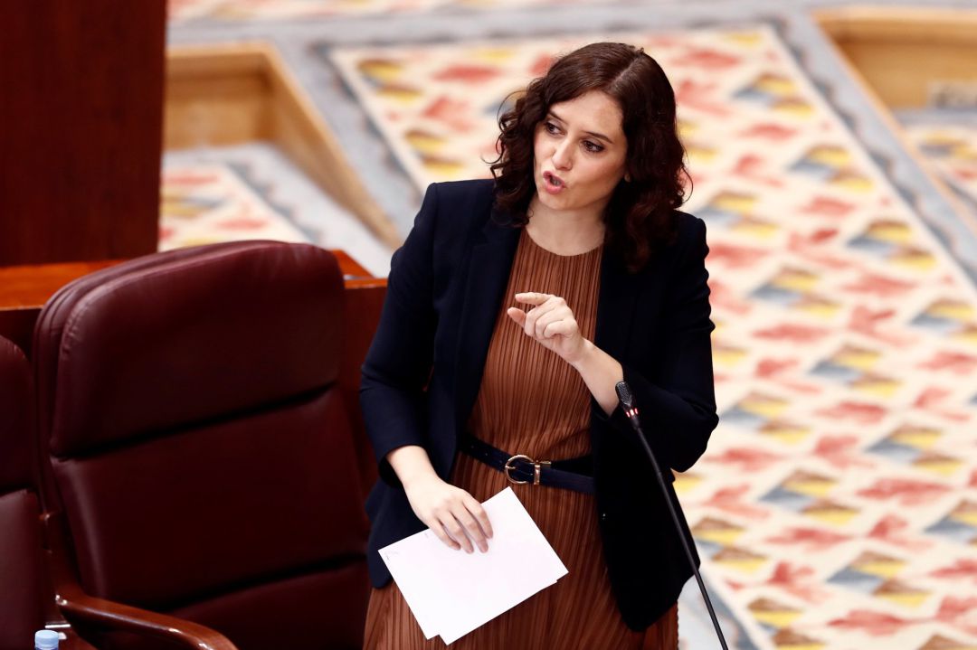 La presidenta de la Comunidad de Madrid, Isabel Díaz Ayuso, durante su intervención en una la sesión de control al Gobierno de este jueves La presidenta de la Comunidad de Madrid, Isabel Díaz Ayuso, durante su intervención en una la sesión de control al Gobierno de este jueves