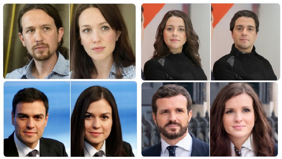 Pablo Iglesias, Inés Arrimadas, Pedro Sánchez y Pablo Casado en sus versiones femeninas y masculinas hechas por la aplicación. Pablo Iglesias, Inés Arrimadas, Pedro Sánchez y Pablo Casado en sus versiones femeninas y masculinas hechas por la aplicación.