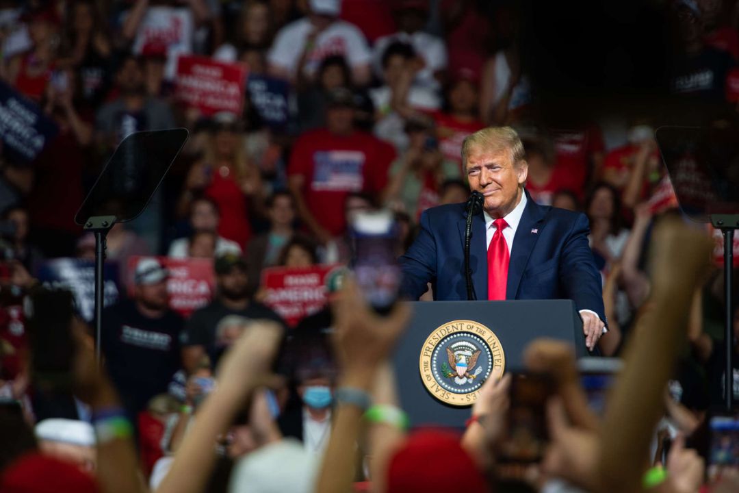 US President Donald Trump speaks to his supporters during his campaign rally at Tulsa. Photo: Tyler Tomasello US President Donald Trump speaks to his supporters during his campaign rally at Tulsa. Photo: Tyler Tomasello