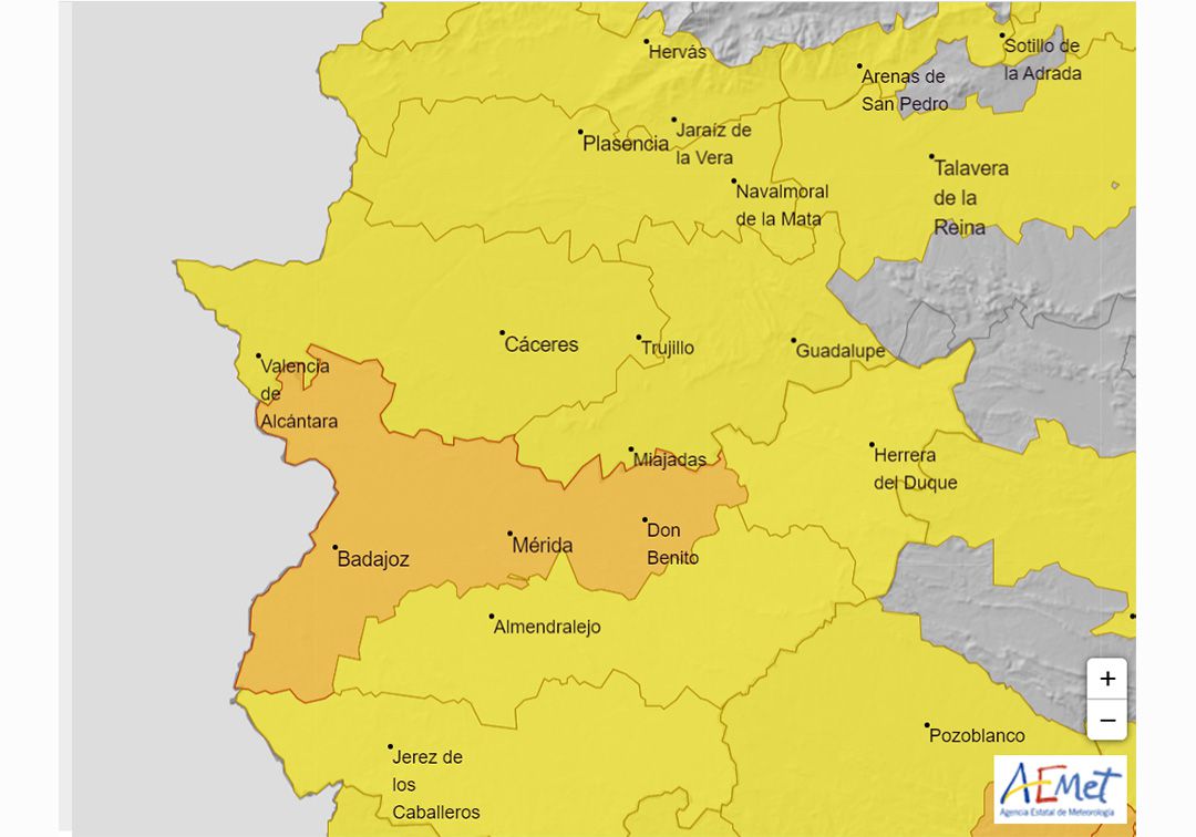 Mapa de alertas meteorológicas en Extremadura para mañana, martes 23 de junio Mapa de alertas meteorológicas en Extremadura para mañana, martes 23 de junio